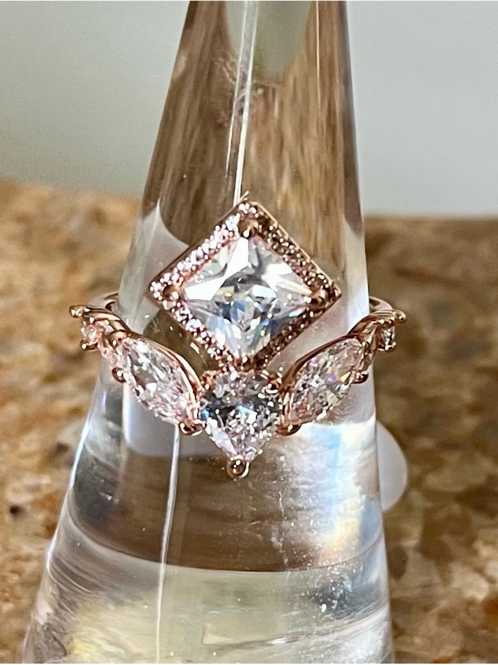 Bomb Party RG60355 Rose Gold Square & Marquise Crystal Ring - Elegant Sparkle